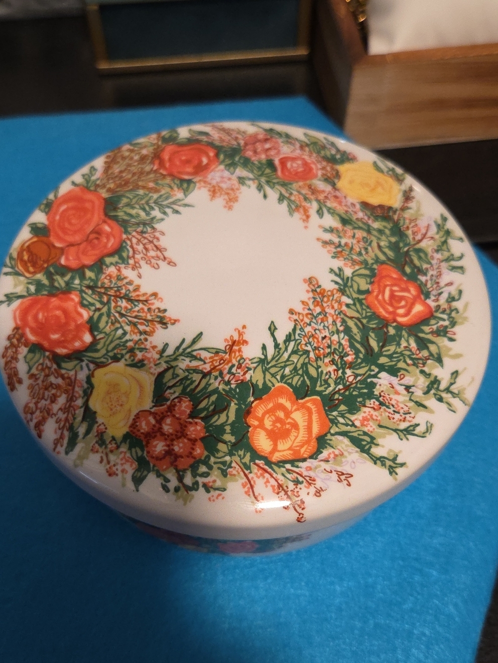 Floral Ceramic Trinket Box — Orange & Yellow Rose Wreath Filled With Jewelry